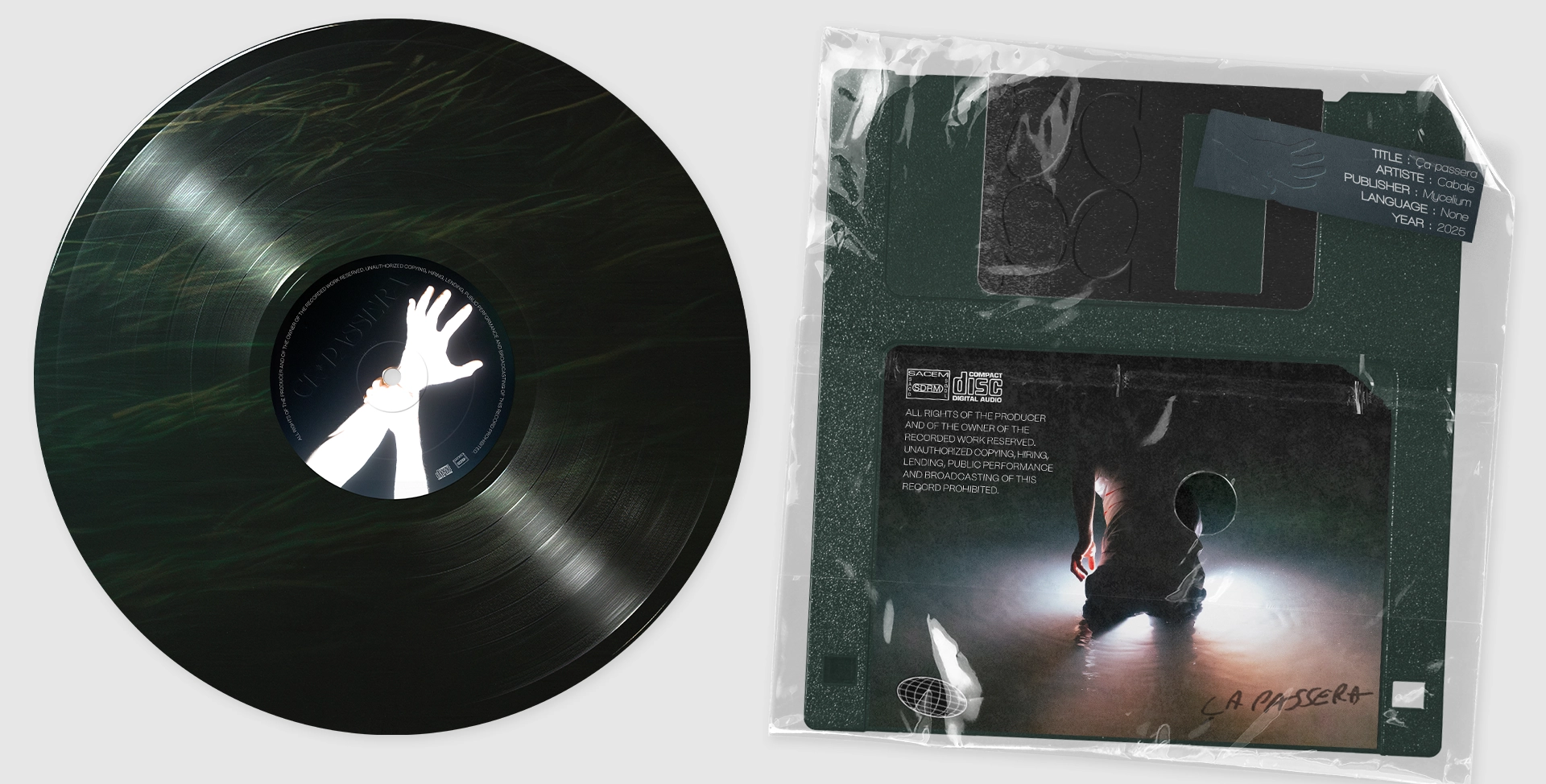 Design rétro mêlant vinyle noir et disquette pour Cabale