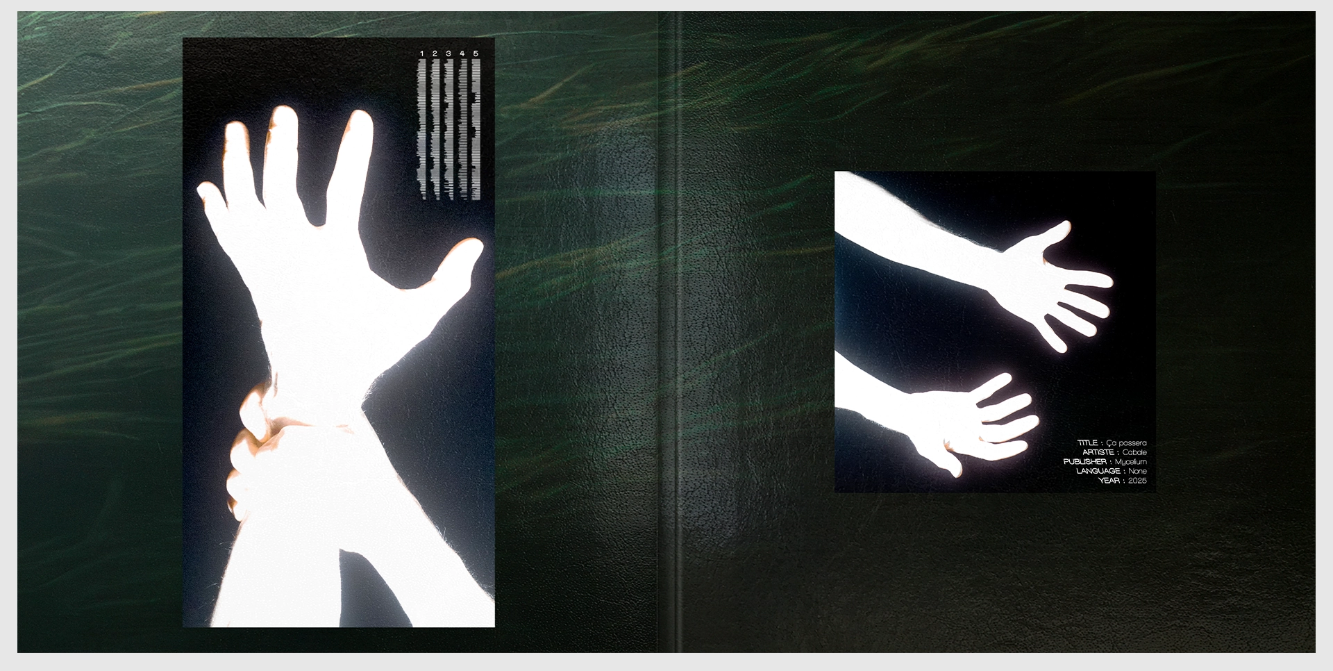 Intérieur de l'album avec visuels de mains lumineuses