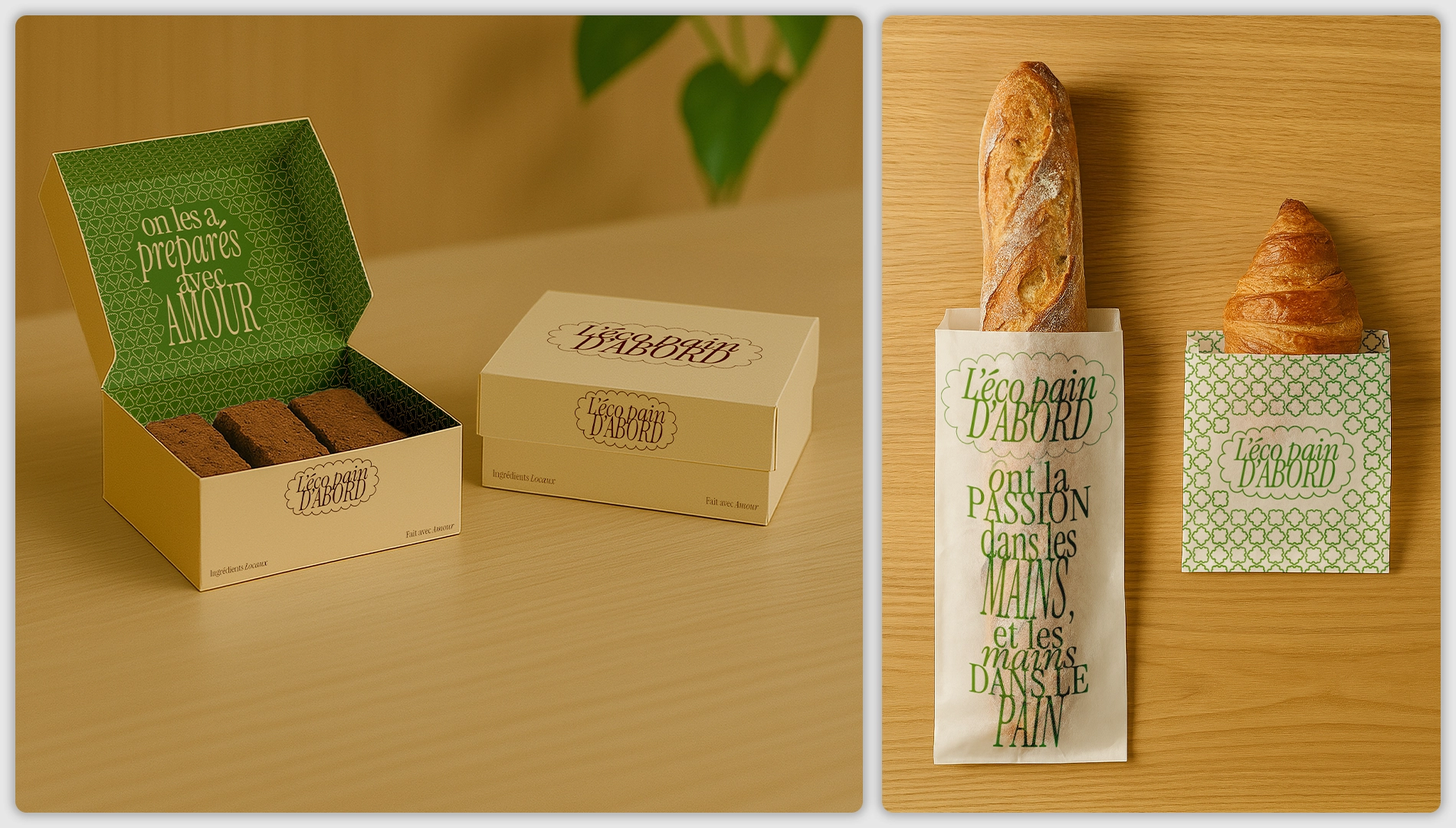 Design graphique d'emballages pour pâtisseries, baguettes et croissants