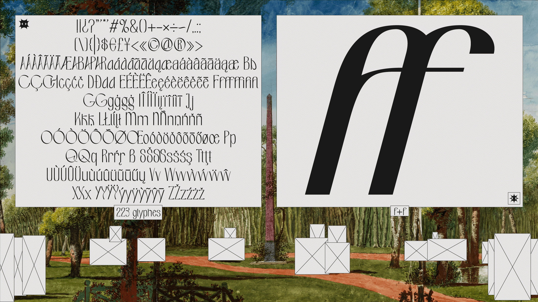 Tableau complet des 223 glyphes et ligatures de Pavot